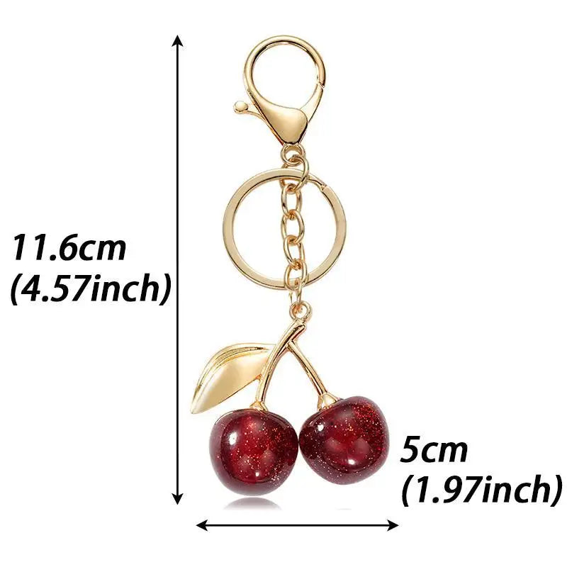 Glitter Resin Cherry Keychain, Golden Hardware Bag Charm, Elegant Retro Fruit Pendant for Handbag and Car Key Decoration