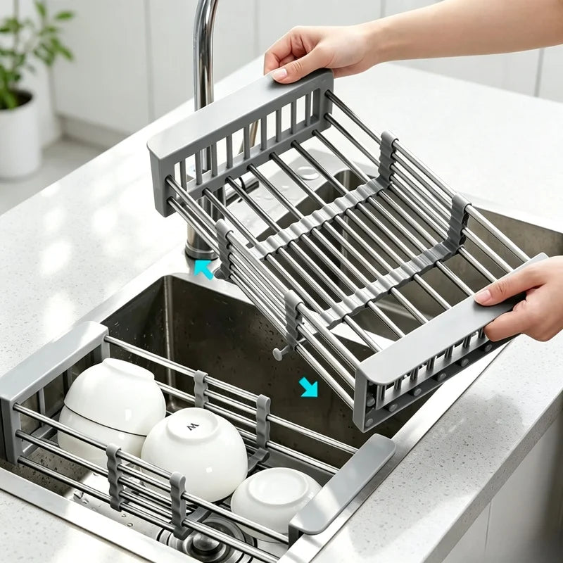Stainless Steel Retractable Sink Drain Rack, Kitchen Dish Fruit Vegetable Washing Drain Storage Holder