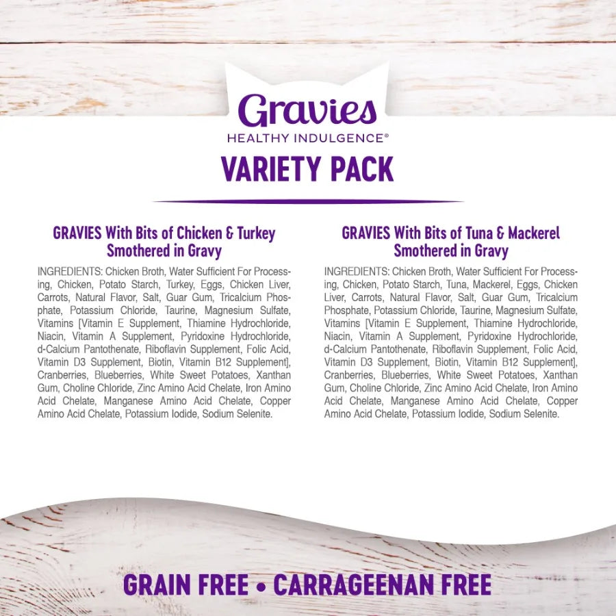 2 pack Healthy Indulgence Gravies Variety Pack Adult Wet Cat Food, Natural, Protein Rich, Grain Free, 2 Flavors, 3 oz, Pack of
