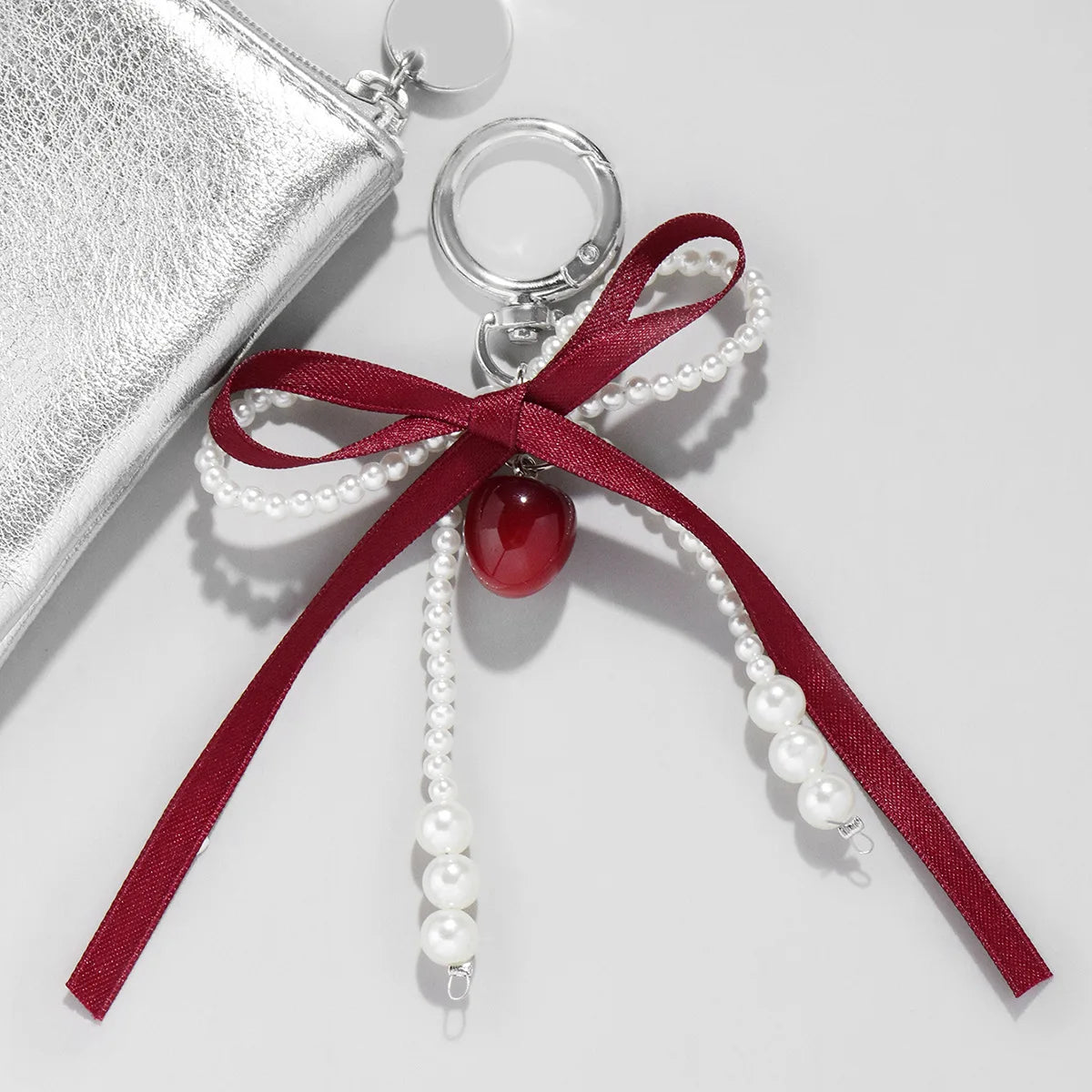 Wine Red Ribbon Cherry Pendants Keychain Women Sweet White Pearl Bow Backpack Key Ring Jewelry Bags Decoration Friendship Gifts