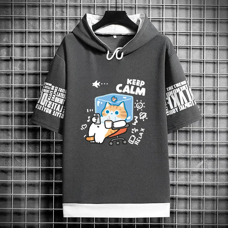 Harajuku Men's T-Shirt Hoodie Women Cartoon Cat Print Graphics T-Shirt Streetwear Funny Shirt Korean Fashion Short Sleeve Tops