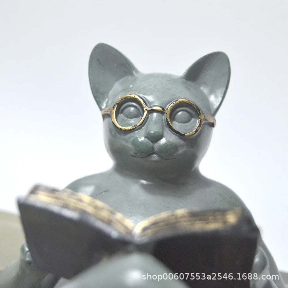 Reading Cat Statue‌ - Resin Figurine with Book for Garden & Home Decor