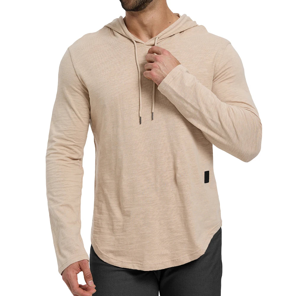 Men's Solid Color Long Sleeve T-shirt Hooded Design Fashion Breathable Tees Lightweight Drawstring Cozy Cotton Tops