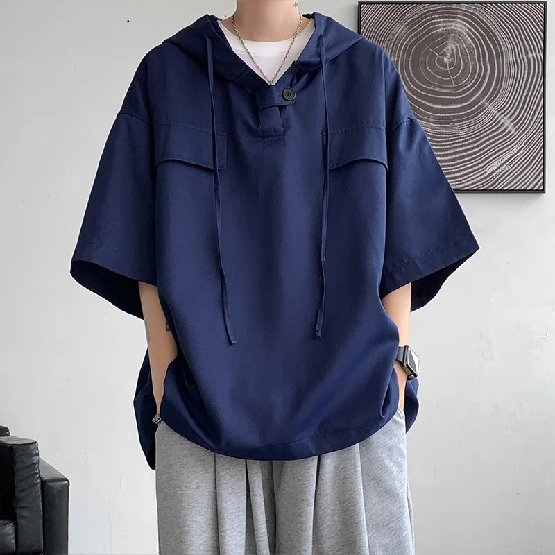 5 Colors Summer Hooded T shirt Men Korean Half Sleeve Pullover Streetwear Loose T-shirt Tops Drawstring Men Clothing