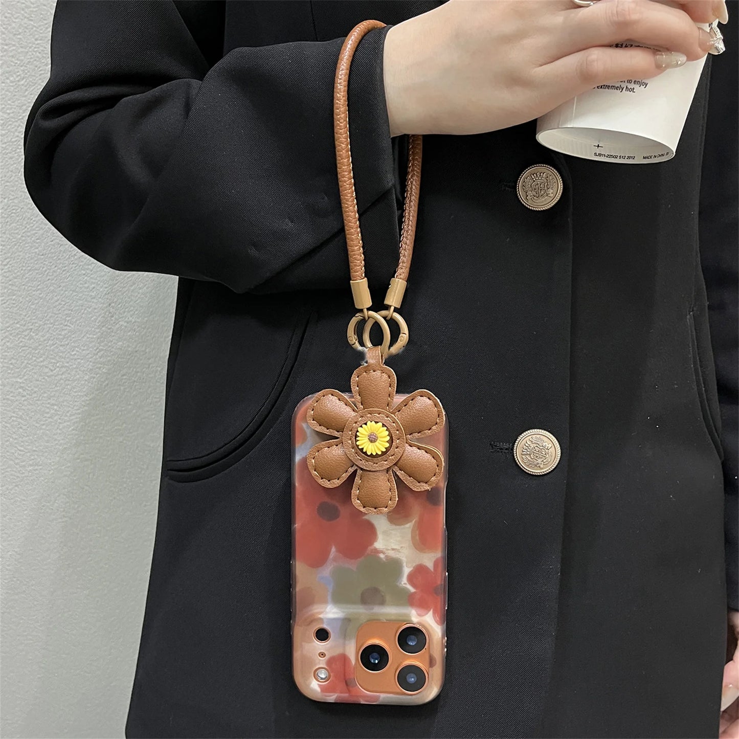 iPhone 17 16 15 14 Pro Max Cover Necklace Leather Chain Pendant Rendering Brown Flower