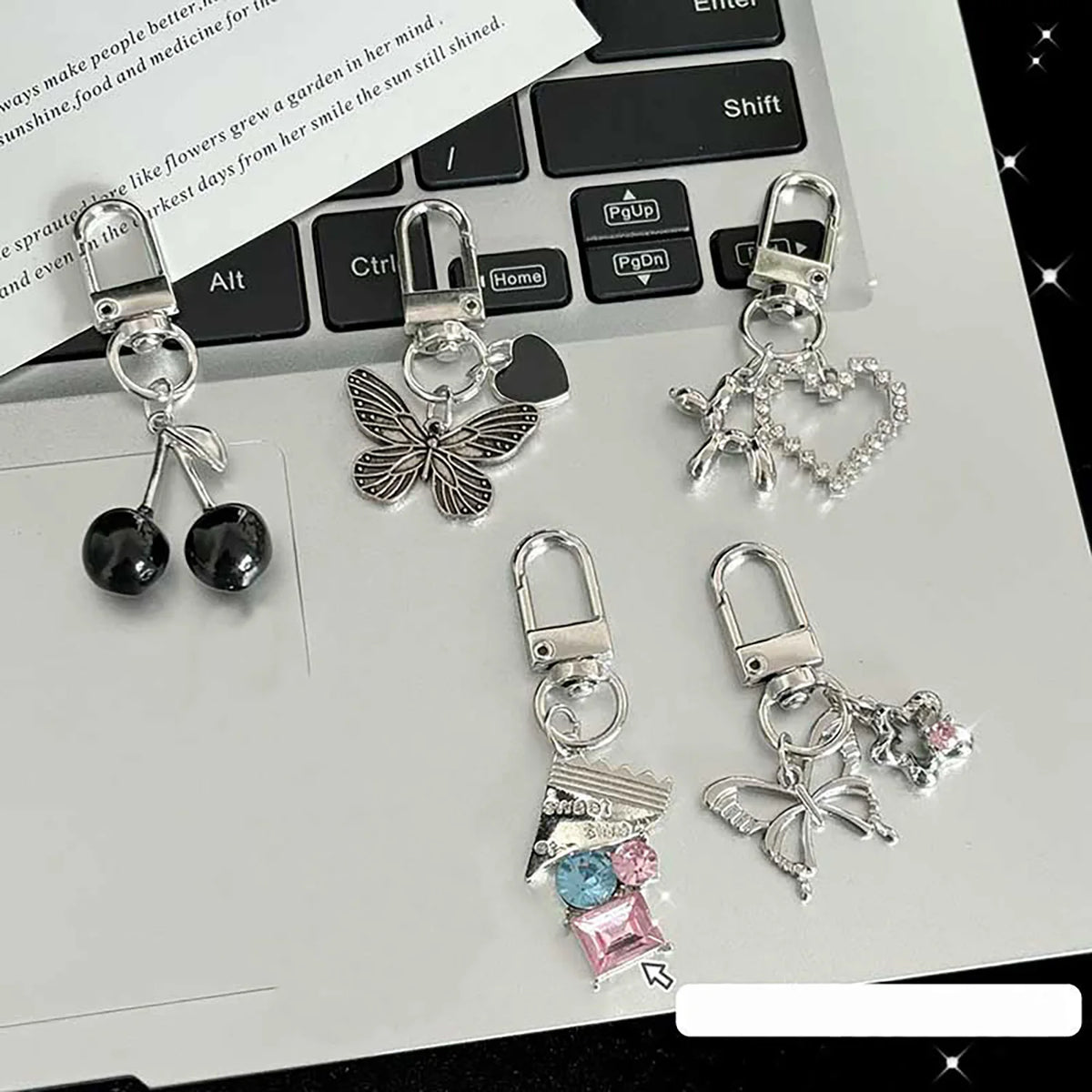 Y2K Silver Color Metal Butterfly Keychain Sweet Cherry Keyring Girls Fashion Bag Pendant Backpack Hanging Decoration Gift A15