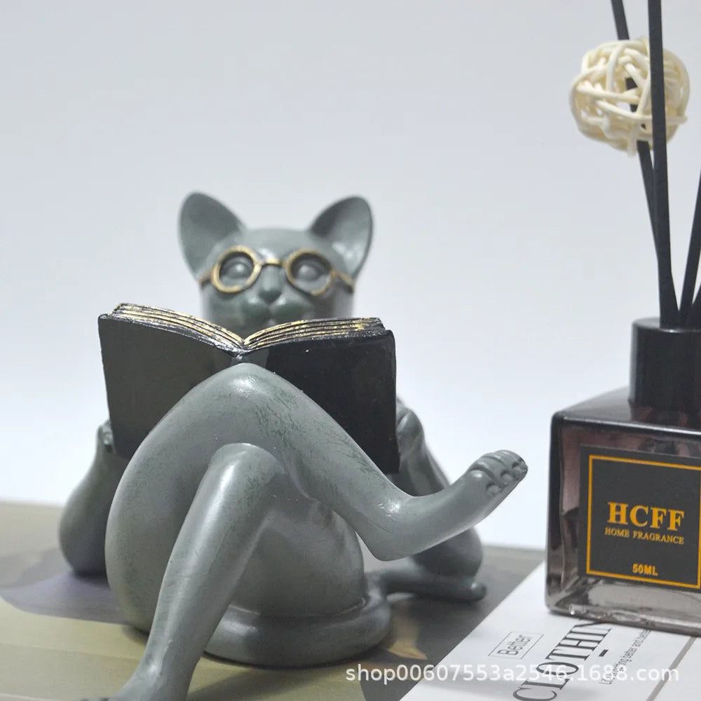 Reading Cat Statue‌ - Resin Figurine with Book for Garden & Home Decor