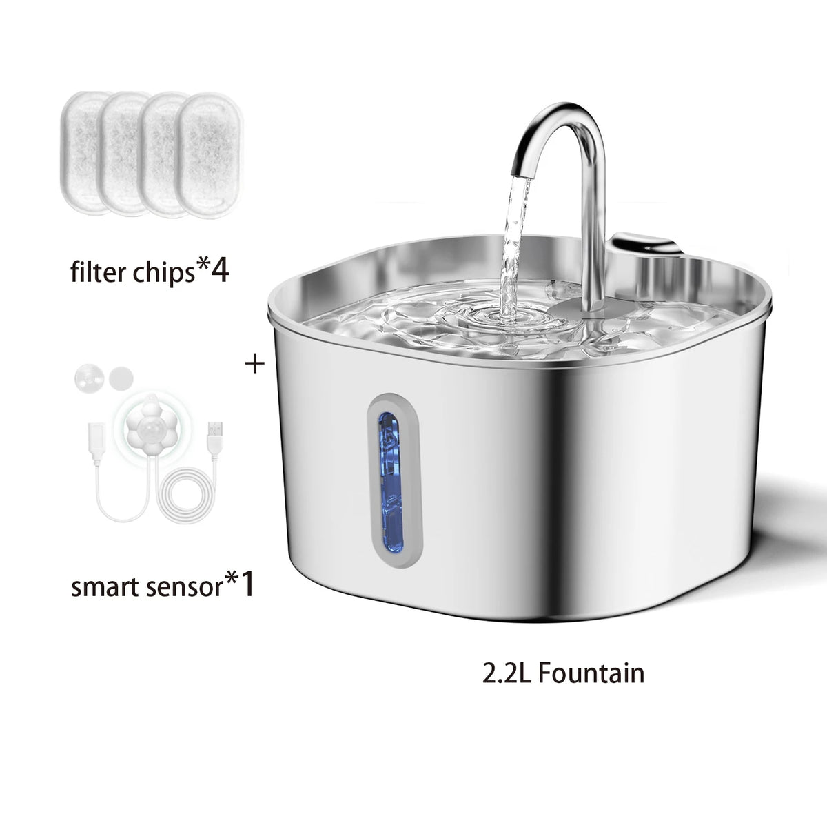 2.2L Automatic Cat Water Fountain Square Stainless Steel Pet Water Feeder Dog Water Fountain with Window（No 5V 1A Plug）