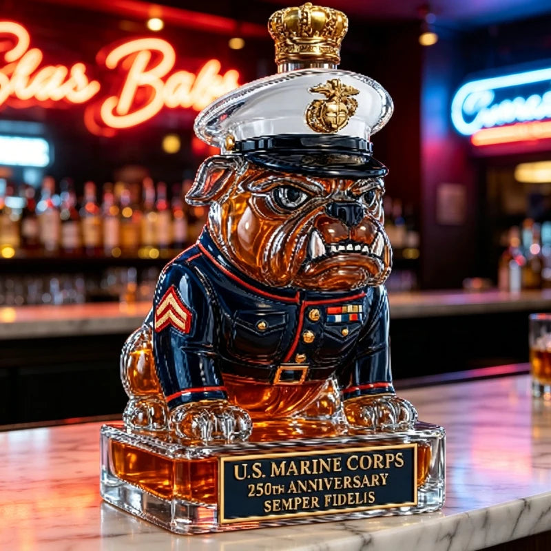 Marine Bulldog Liquor Decanter, 250th Anniversary USMC Semper Fidelis Whiskey Bottle, Unique Barware for Home Bar Decor