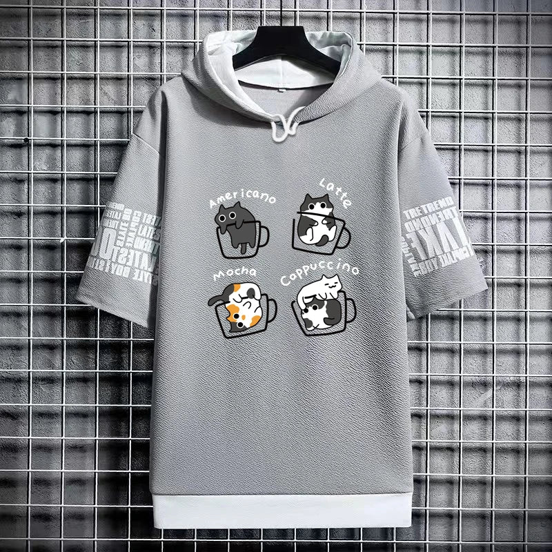 Harajuku Men's T-Shirt Hoodie Women Cartoon Cat Print Graphics T-Shirt Streetwear Funny Shirt Korean Fashion Short Sleeve Tops