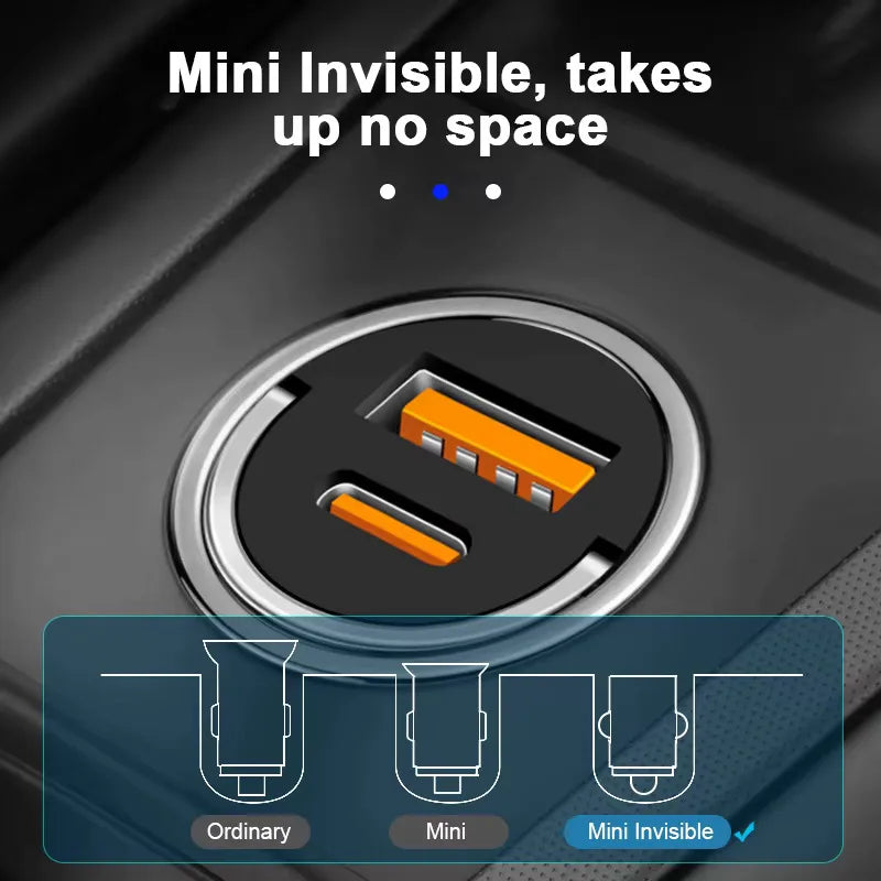 Mini 100W Hidden Car USB Charger Super Charge Dual USB Port Cigarette Lighter Adapter 30W PD Charger for iPhone iPad Android