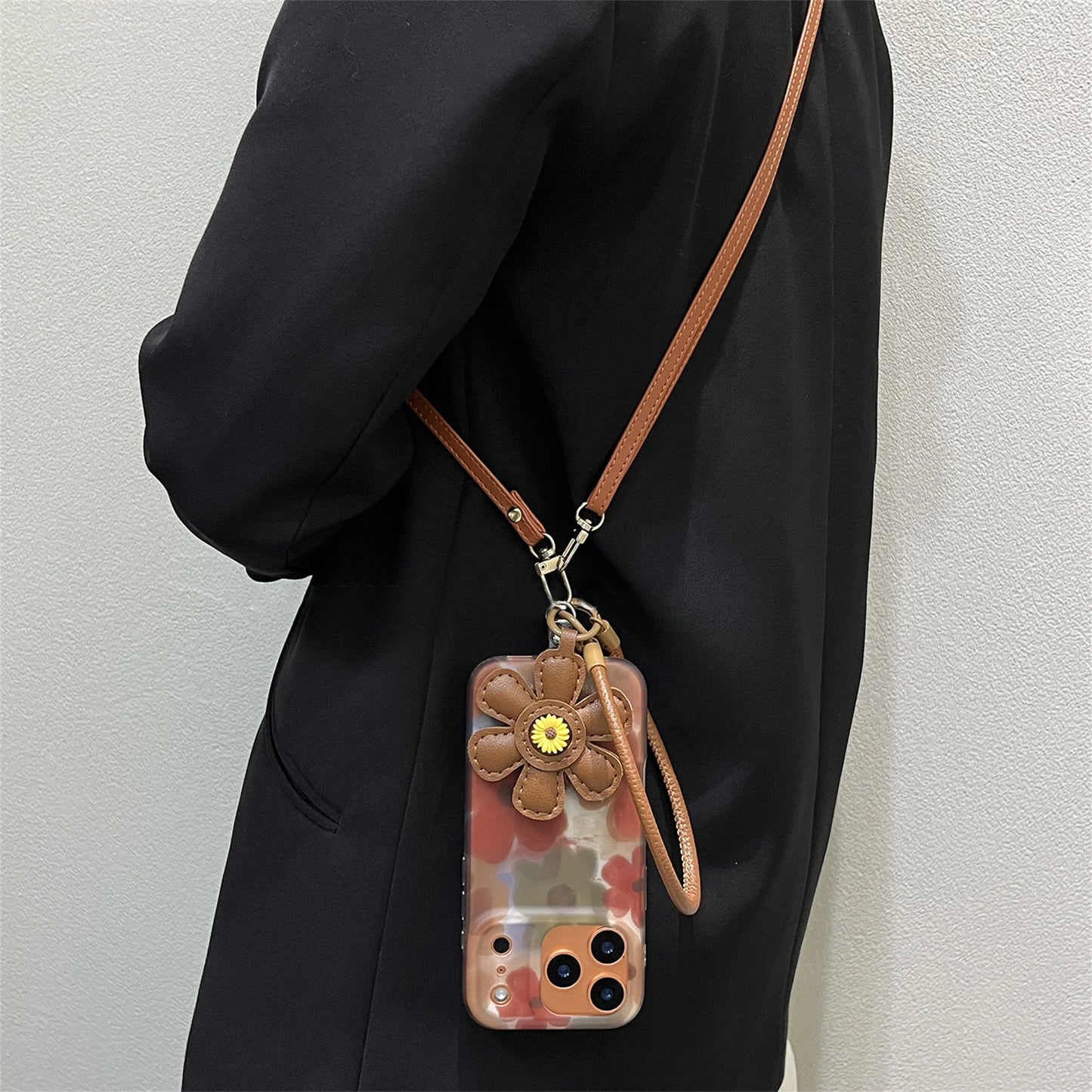 iPhone 17 16 15 14 Pro Max Cover Necklace Leather Chain Pendant Rendering Brown Flower
