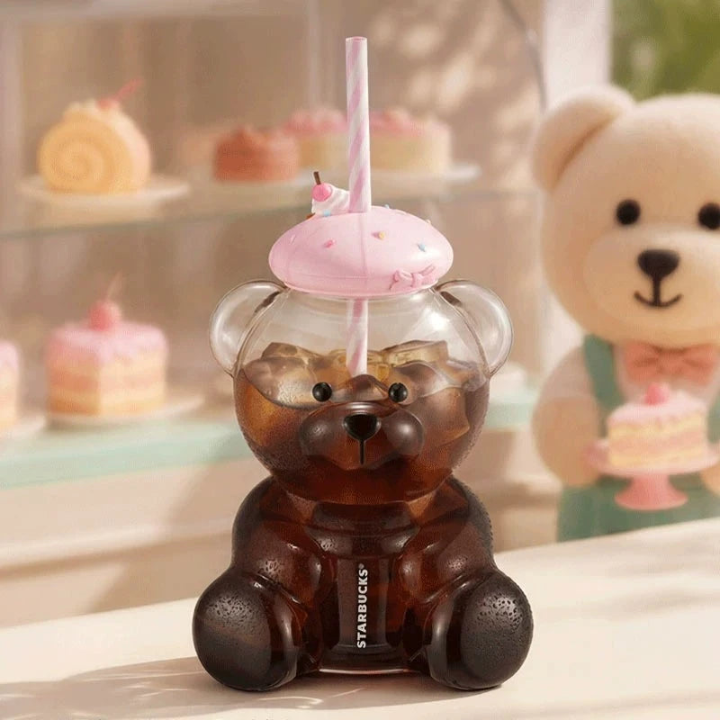 660ml Cute Bear Shaped Starbucks Glass Tumbler, Sweet Dessert Silicone Cover & Pink Straw, Clear Beverage Cup For Daily Use