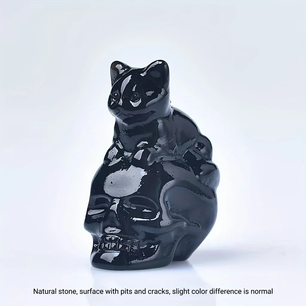 CUPIDCRYSTAL Hand-Carved Natural Crystal Skull Cat Figurine - Perfect for Halloween Decor & Gifts, 1.18in
