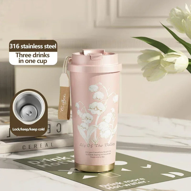 2026 Hot Lily of The Valley Design Travel Portable Leakproof Sippy Cup Coffee Cup Stainless Steel Car Cold Handy Cup lijiao