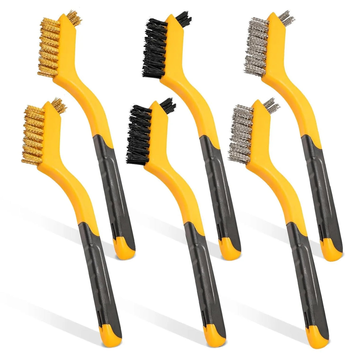Wire Brush Set 6Pcs Nylon/Brass/Stainless Steel Bristles with Curved Handle Grip for Cleaning Rust Removal Dirt Paint Scrubbing
