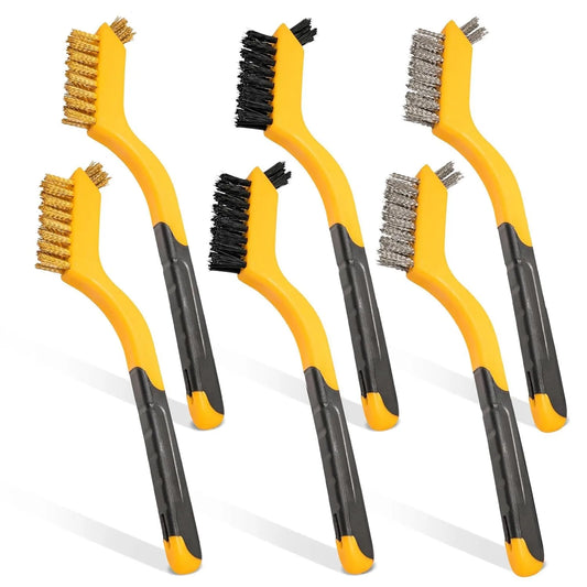 Wire Brush Set 6Pcs Nylon/Brass/Stainless Steel Bristles with Curved Handle Grip for Cleaning Rust Removal Dirt Paint Scrubbing