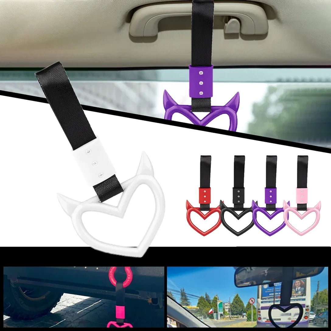 Gradient Devil Heart Tsurikawa Handle Strap, JDM Style Rearview Mirror & Bumper Decor, Car Interior & Exterior Accessory