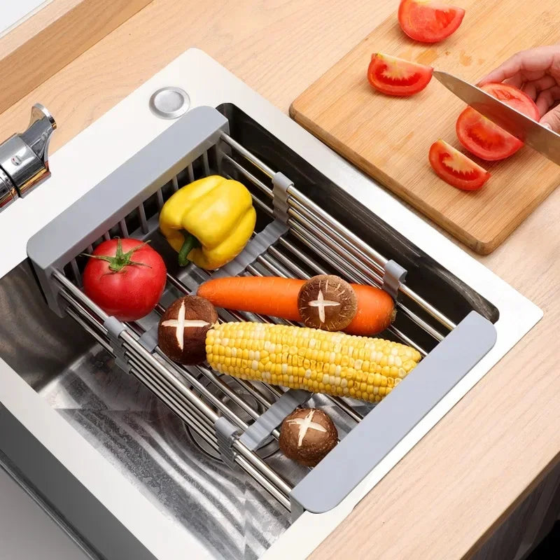 Stainless Steel Retractable Sink Drain Rack, Kitchen Dish Fruit Vegetable Washing Drain Storage Holder