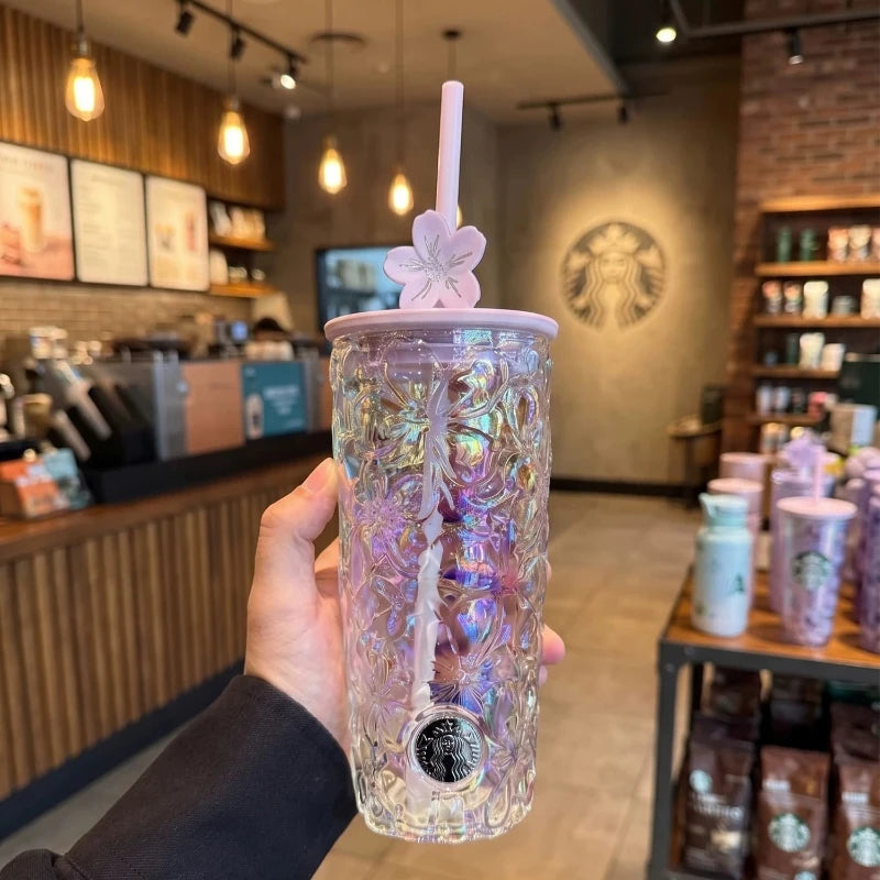 Starbucks 575ml Iridescent Sakura Glass Tumbler, Embossed Texture, Pink Lid & Cherry Blossom Straw Topper Starbucks Cup