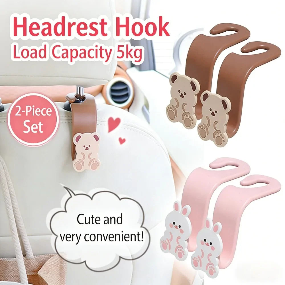 2PCS Car Back Seat Headrest Hooks for Purses & Bag Headrest Hanger Vehicle Cute Bear Bunny Storage Hook Universal Organizer