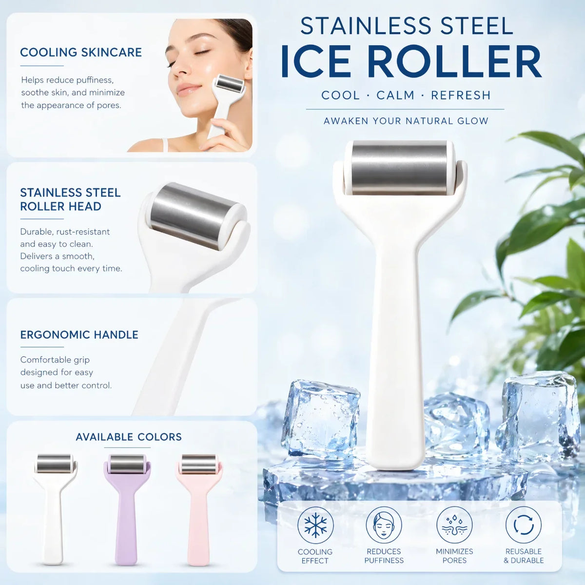 Ice Face Roller 304 Stainless Steel Facial Massager Cooling Roller for Face Eyes Depuffing Puffiness Relief Skin Tightening