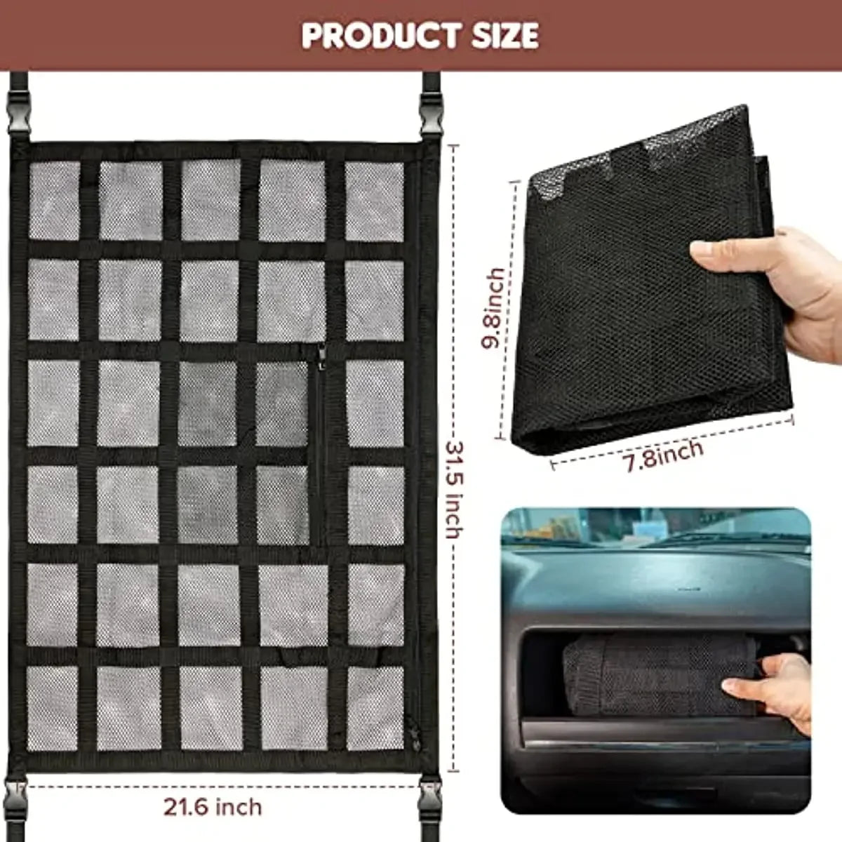 Upgrade Car Ceiling Cargo Net Pocket31.5"x21.6" Strengthen Load-Bearing and Droop Less Double-Layer Mesh  Roof Storage Organizer