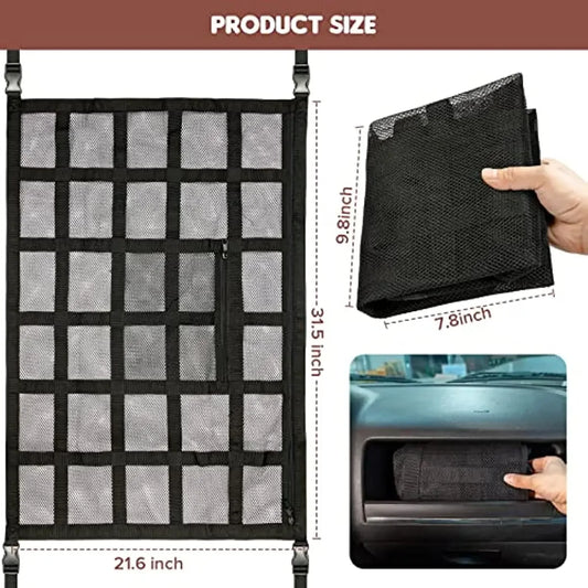 Upgrade Car Ceiling Cargo Net Pocket31.5"x21.6" Strengthen Load-Bearing and Droop Less Double-Layer Mesh  Roof Storage Organizer