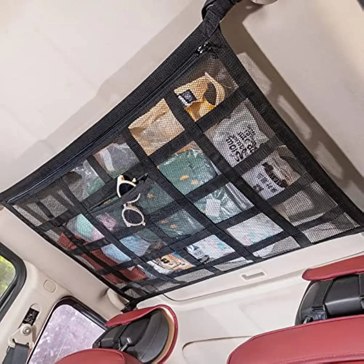 Upgrade Car Ceiling Cargo Net Pocket31.5"x21.6" Strengthen Load-Bearing and Droop Less Double-Layer Mesh  Roof Storage Organizer