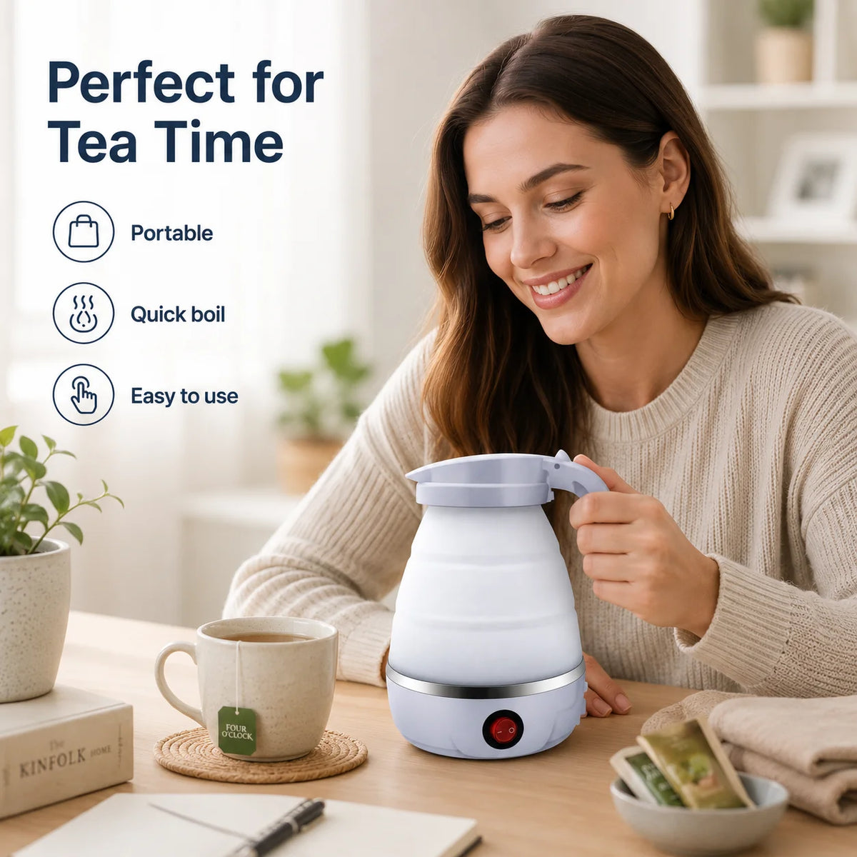 600ml Collapsible Electric Travel Kettle – Foldable, for Camping and Caravanning, with Silicone Handle