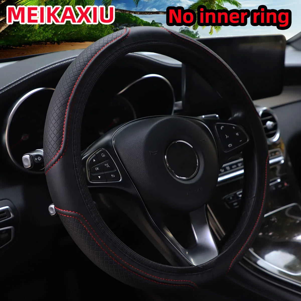 PU Leather Embossed Steering Wheel Cover 14.5-15 Inch round Rimless Design for All Seasons Men Women Cars