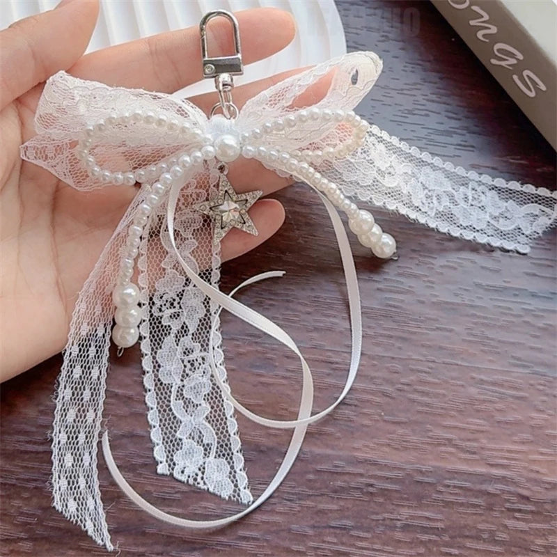 Lace bow Keychain Hollow Red Ribbon Cherry Pendant Women Handbag and Backpack Key Chain Exquisite Ornament Holiday Gift Decor