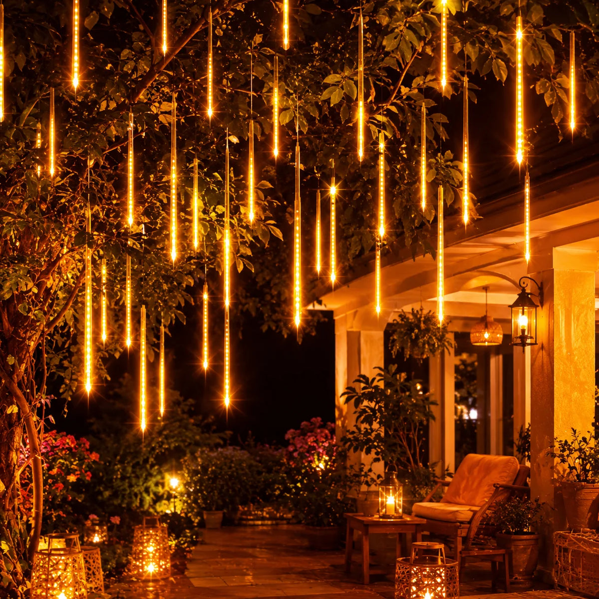 LED String Lights Meteor Shower Falling Rain Tube Lights USB Powered Warm White Purple for Garden Patio Yard Halloween Decor