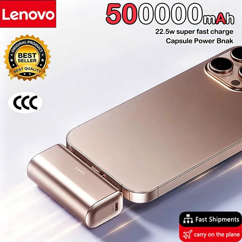 Lenovo 225W Fast Charging USB C Power Bank 500000mAh Mini Portable Charger for iPhone 15 16 Android Devices Travel Battery Pack
