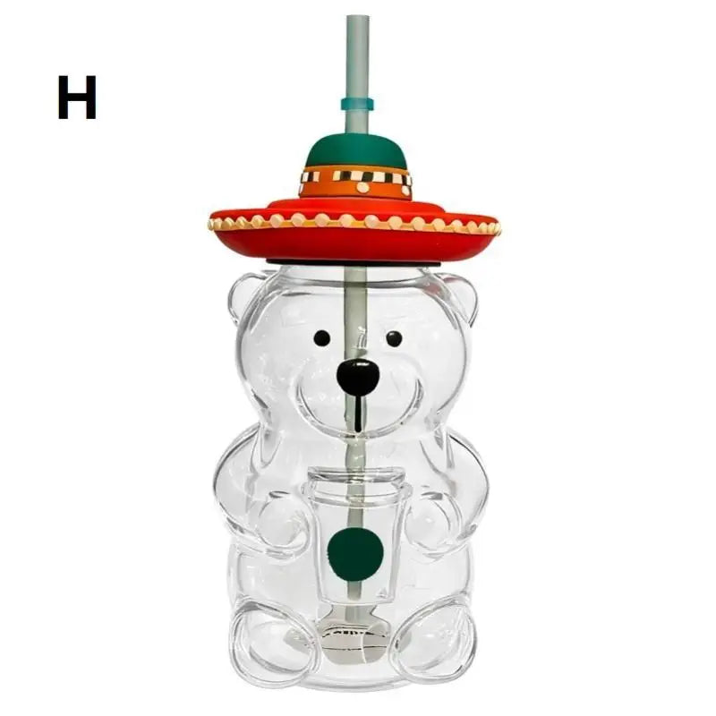 Cartoon Bear Shaped Coffee Mug Cute Bear Mug Plastic Cup With Straw Transparent Creative Milk Coffee Water Cups