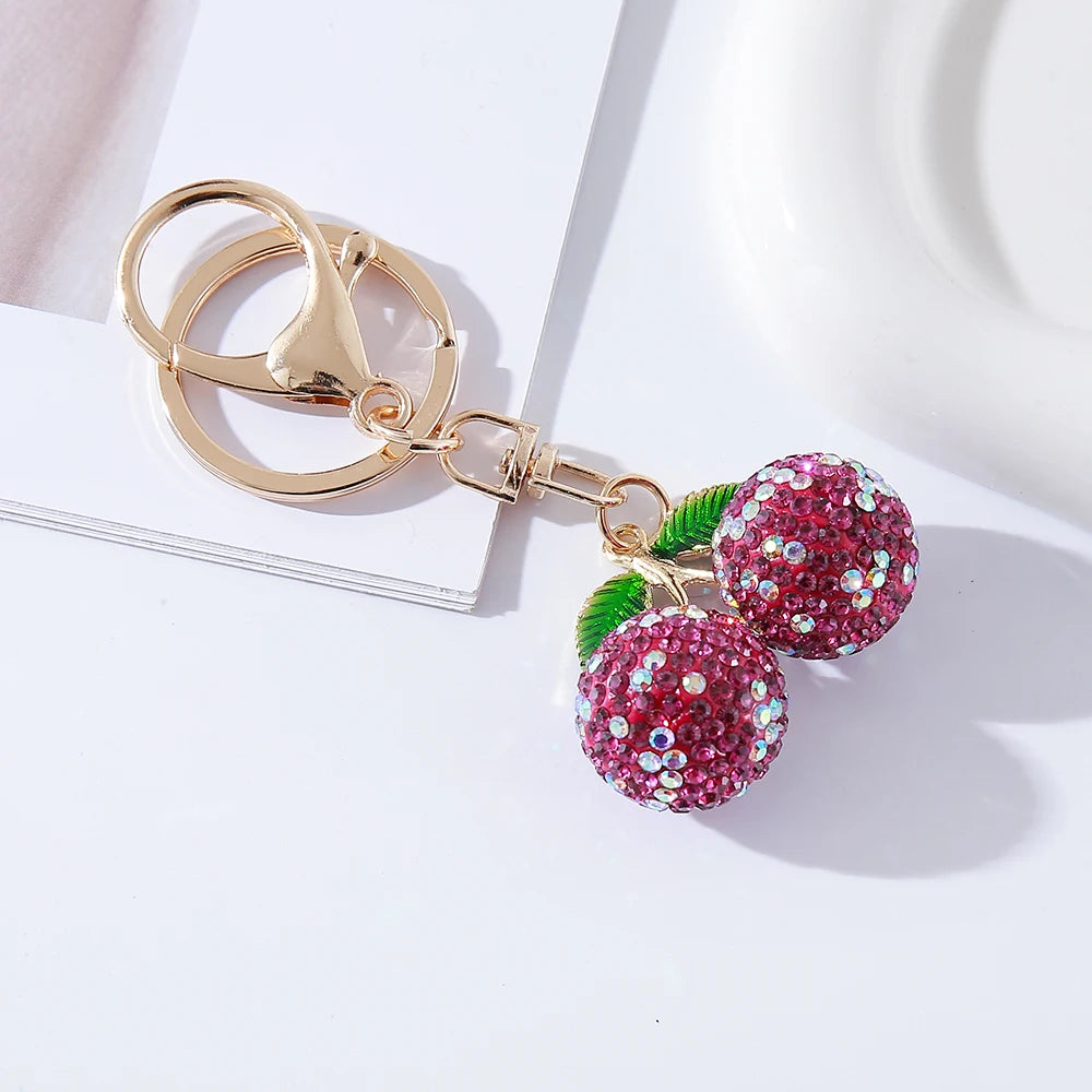 Full Rhinestones Cherry Keychain Couple Keychain Girl Decoration Small Pendant Car Key Ring Student Bag Pendant