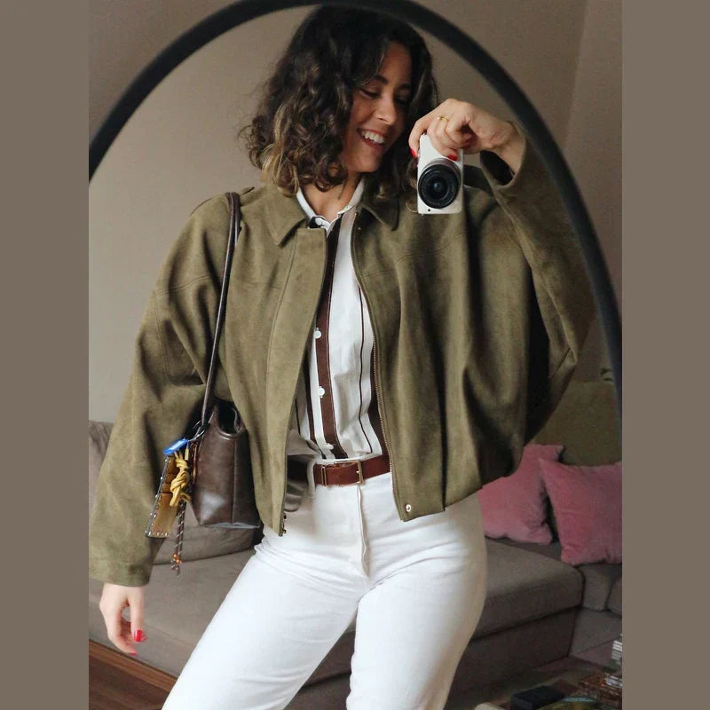 HXAO Women’s Suede Bomber Jacket