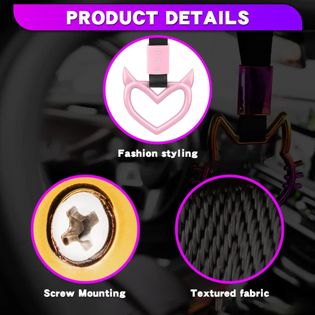 Gradient Devil Heart Tsurikawa Handle Strap, JDM Style Rearview Mirror & Bumper Decor, Car Interior & Exterior Accessory