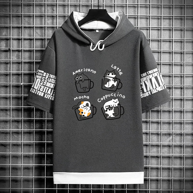 Harajuku Men's T-Shirt Hoodie Women Cartoon Cat Print Graphics T-Shirt Streetwear Funny Shirt Korean Fashion Short Sleeve Tops