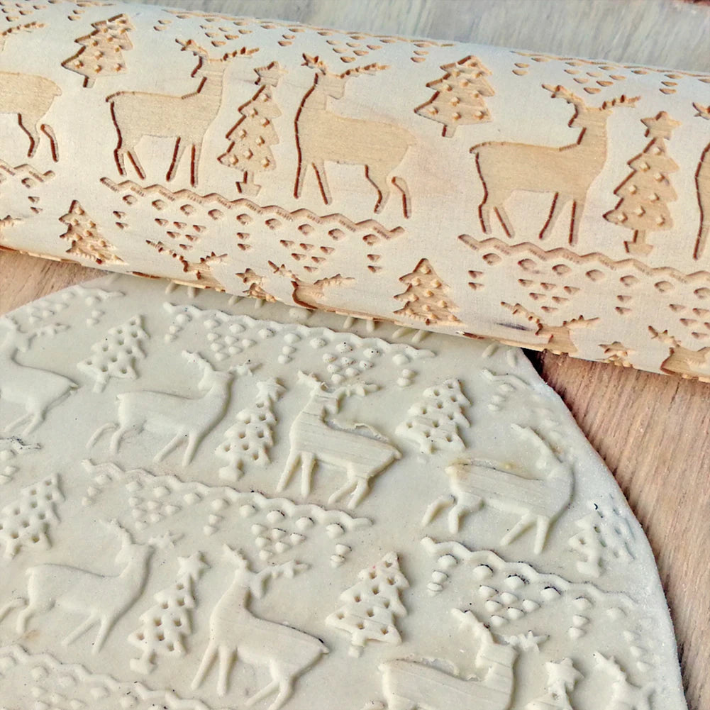 Christmas Snowflake Elk Wooden Rolling Pin Dough Engraved Roller DIY Supplies