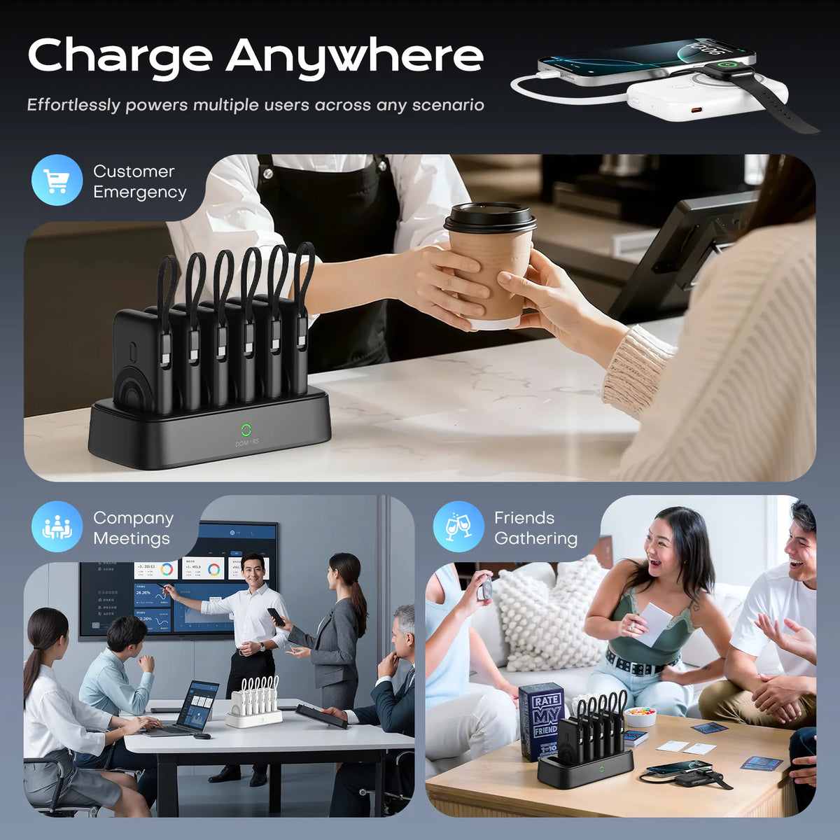 Domars Portable Power Banks with 6x10000mAh PD 22.5W Magnetic Wireless Fast Charging Station Built-in Type-C Cables With CCC