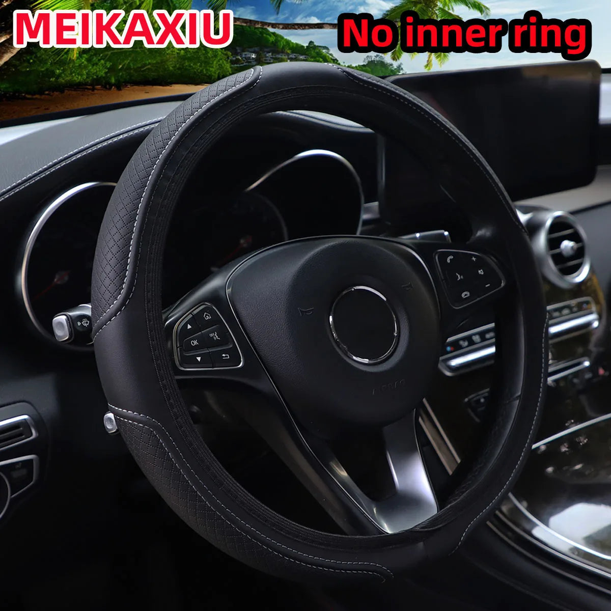 PU Leather Embossed Steering Wheel Cover 14.5-15 Inch round Rimless Design for All Seasons Men Women Cars