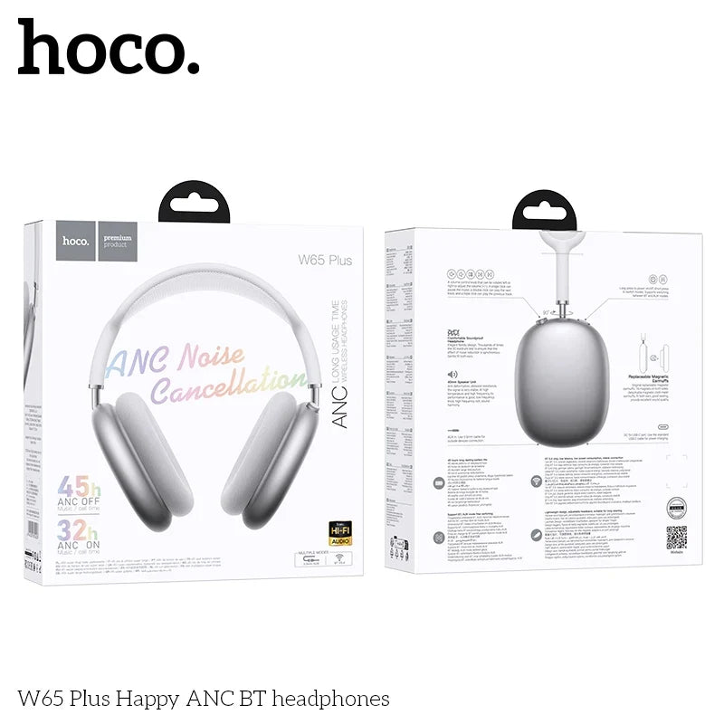 HOCO W65 Plus ANC Noise Reduction Bluetooth Headphones Over The Ear Wireless Big Earphone Hifi Sounds Sport Headsets With Button