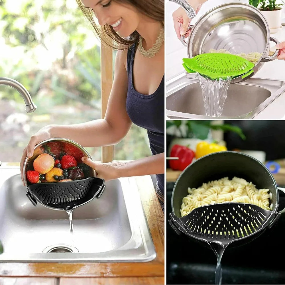 Clip on Strainer, Pot Strainer for Pasta Meat Vegetables Fruit, Silicone Strainers - Fit All Pots Bowls Kitchen Accessories