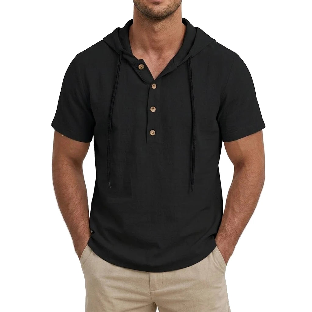 Summer Mens Linen Hooded Shirts for Men Lightweight Short Sleeve Casual T-Shirts Button Cotton Hoodie Hawaiian T Shirts for Men