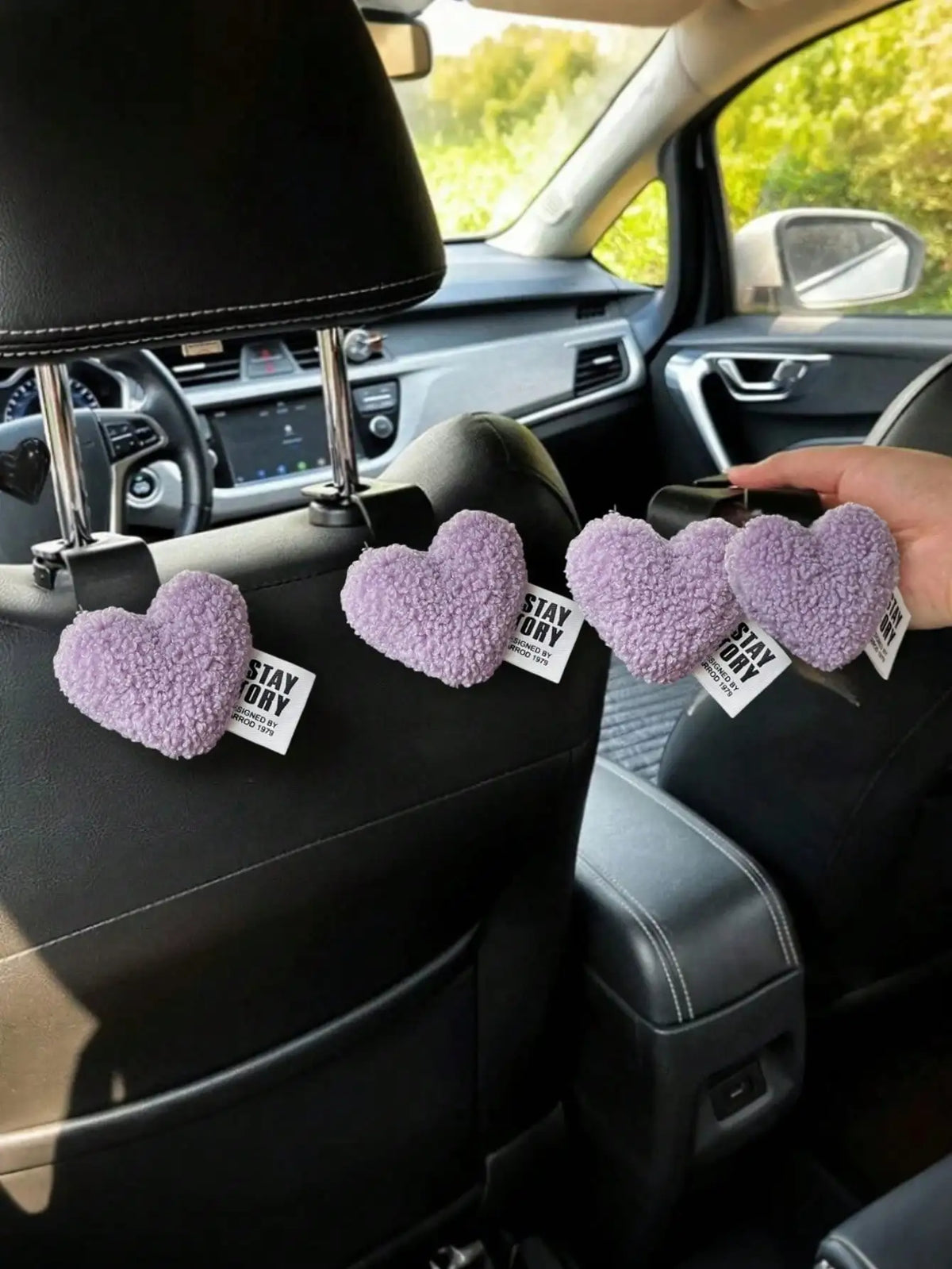 2 Plush Heart-Shaped Car Hooks - Durable and Cute Seat Back Hooks for Bags and Clothes. Easy to Install. Perfect Car Accessories