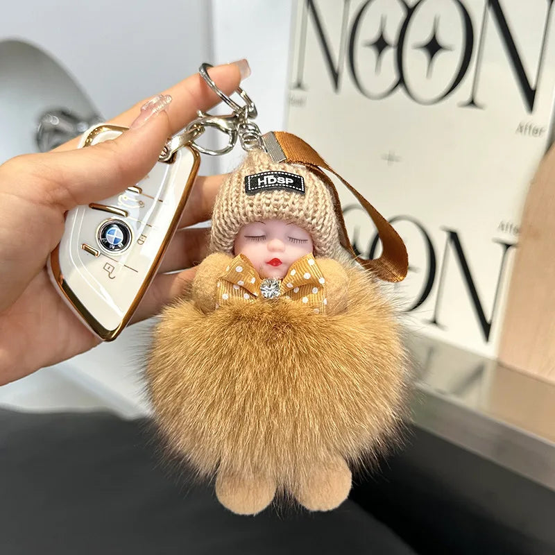 Pompom Sleeping Doll Keychain Cute Fluffy Plush Doll Keychains Women Girl Bags Keyrings Cars Key Ring  Gift Charming  Decoration