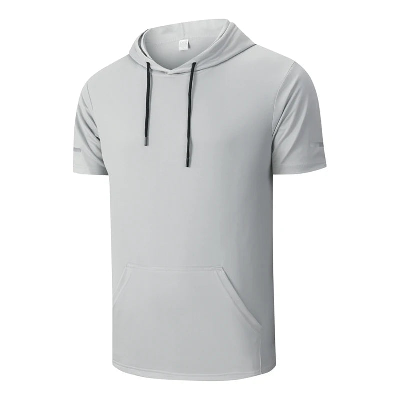 Men Hooded T Shirt Sports Fitness Gym T Shirt Short Sleeve Hoodie Summer Sweatwear Loose Solid Color Lightweight T-shirt