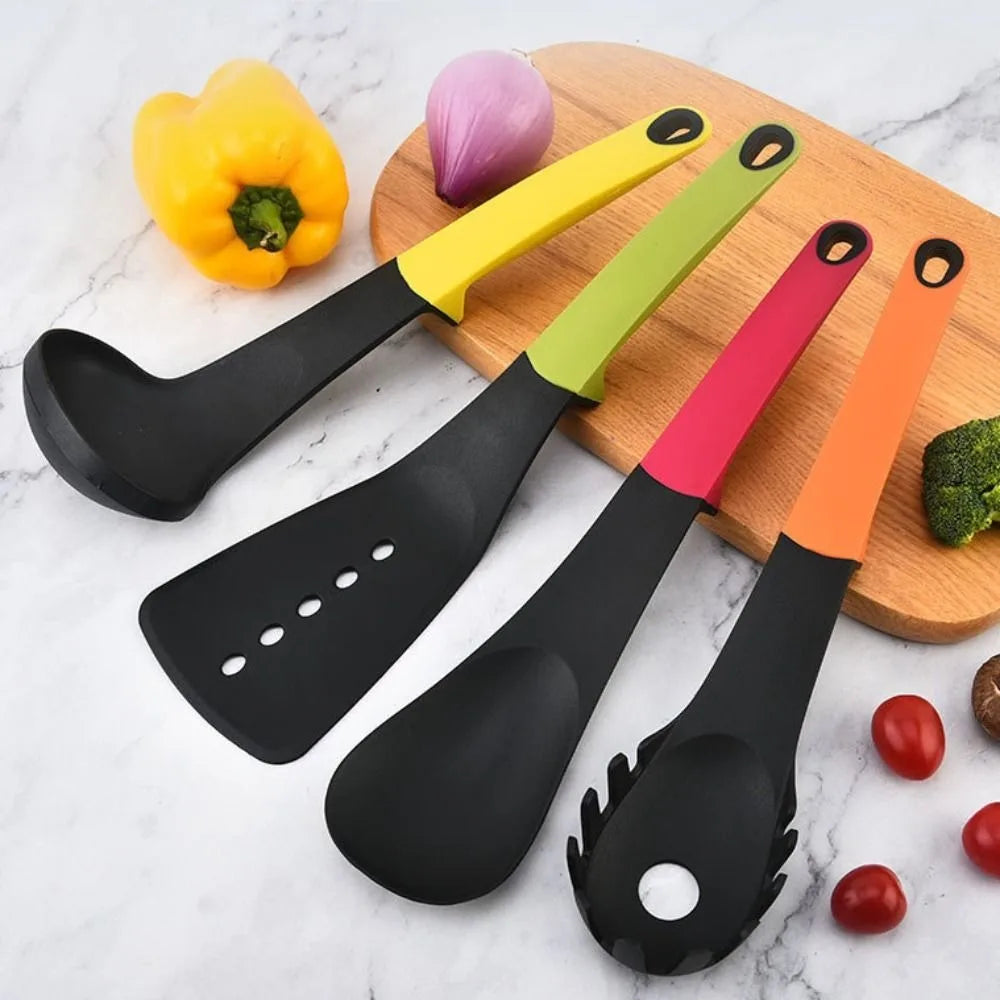7Pcs/Set Heat-resistant Cooking Spatula Set Nylon with Storage Rack Kitchen Utensils Set Non Stick Colorful Slotted Spoon