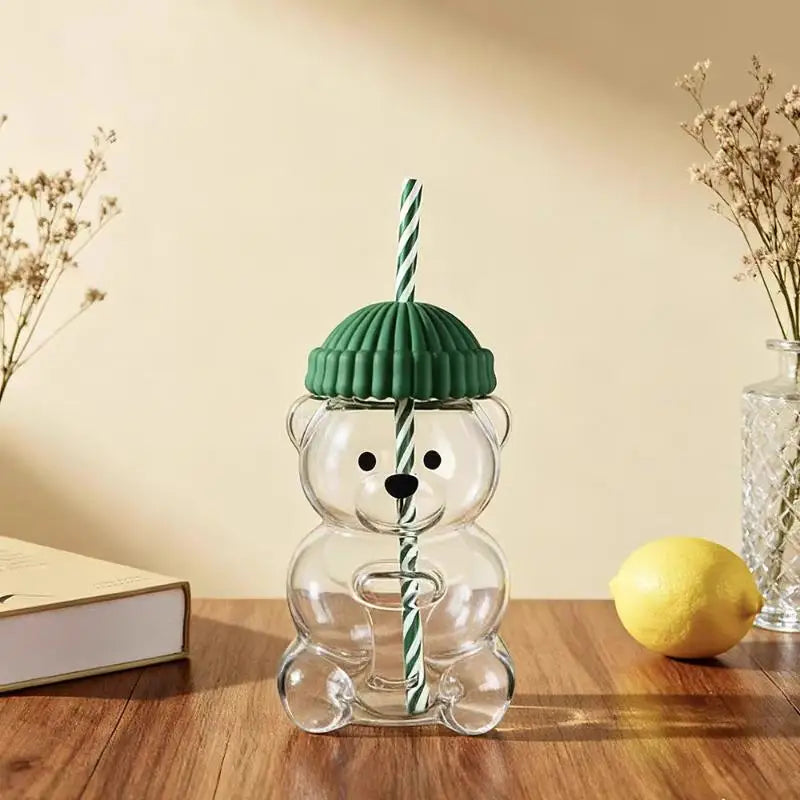 With Straw Transparent Creative Milk Coffee Water Cups 550ML Cartoon Bear Shaped Coffee Mug Cute Bear Mug PET Plastic Cup